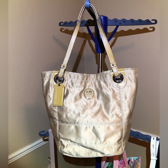 Authentic Coach Matte Gold Fabric Satchel with Shoulder Straps, Zipper Close - Picture 2 of 15